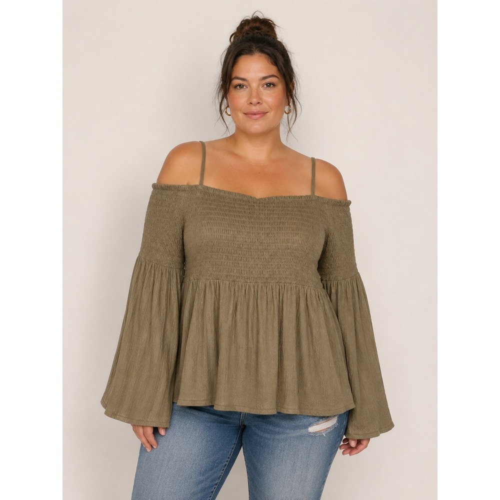 Boho Torrid Olive Green Smocked Off Shoulder Bell Sleeve Babydoll Top Size 1 1X